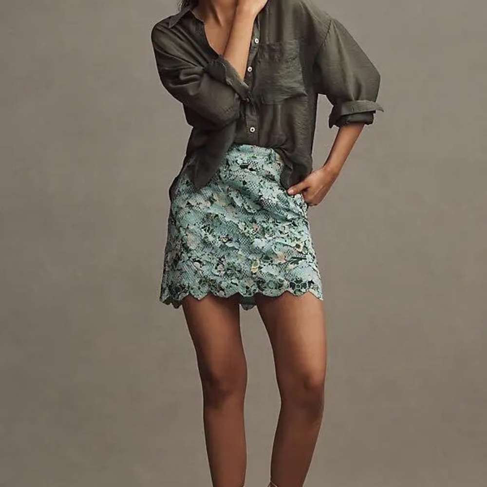 By Anthropologie Printed Embroidered Lace Mini Skirt
